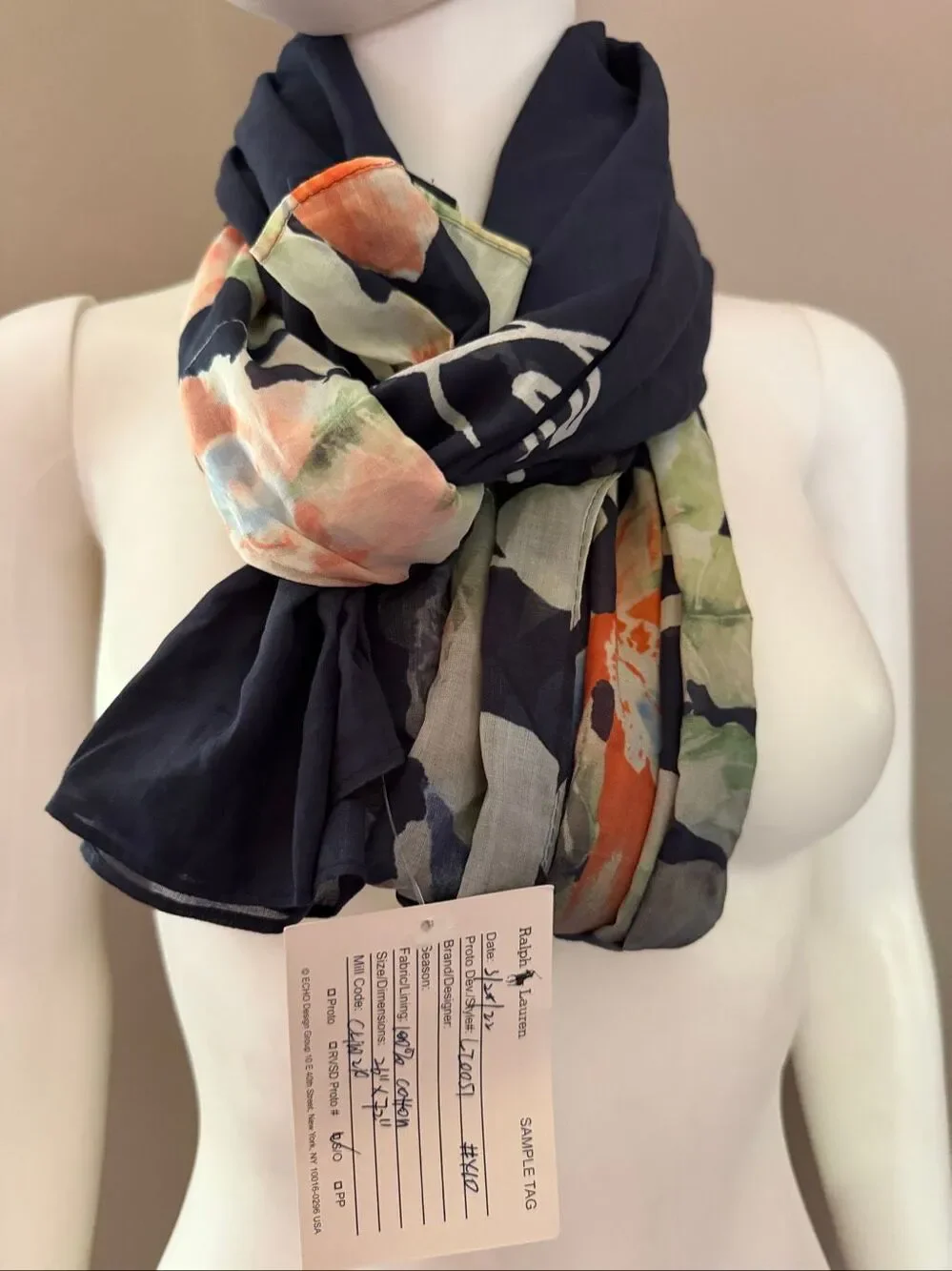 Lauren Ralph Lauren Blue Tropical Flowers Cotton Scarf Wrap